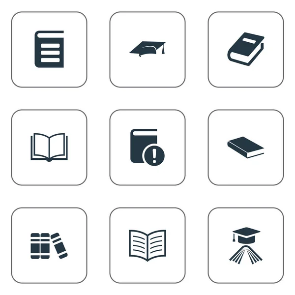 Vector illustratie Set van eenvoudige lezing iconen. Onderdelen boekenkast, encyclopedie, fotoboekpagina en andere synoniemen Notebook, woordenboek en Blank. — Stockvector
