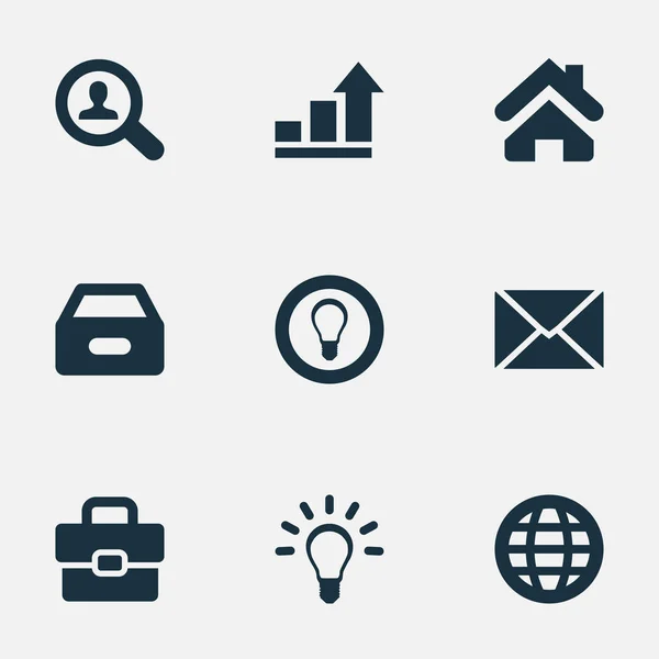Vektor Illustration Set von einfachen Business-Symbolen. Elemente Dossier, Koffer, Glühbirne und andere Synonyme Welt, Fortschritt und Suche. — Stockvektor