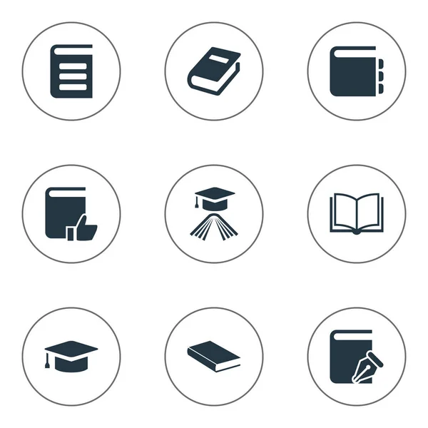 Vector illustratie Set van eenvoudige kennis iconen. Elementen blanco Notebook, Aanbevolen lezing, academische GLB en andere synoniemen lezing, woordenboek en hoed. — Stockvector