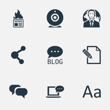 Vektör çizim basit gazete simgeler kümesi. Öğeleri Laptop, çengel, belge ve diğer eş yazma, adam ve kamera.