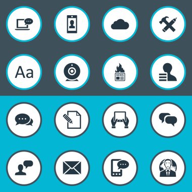 Vektör çizim basit bloglama simgeler kümesi. Öğeleri adam, dikkate alınarak belge, sonrası ve diğer eş anlamlı bulut gökyüzü ve gazete.