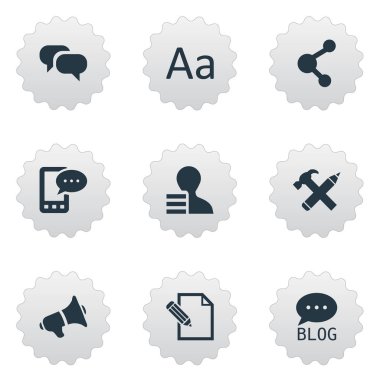 Vektör çizim basit gazete simgeler kümesi. Öğeleri E-mektup, dedikodu, kazanç ve diğer eş anlamlı kalem, Blog ve çekiç.