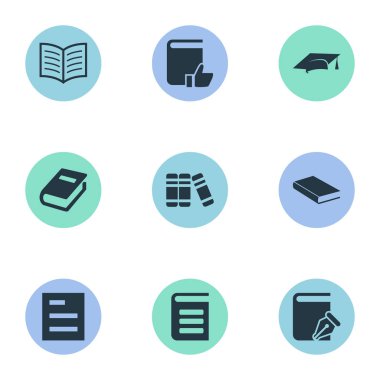 Vektör çizim basit bilgi simgeler kümesi. Öğeleri Bookshelf, Tasklist, ansiklopedi ve diğer eş anlamlı şapka, yazma ve mezuniyet.