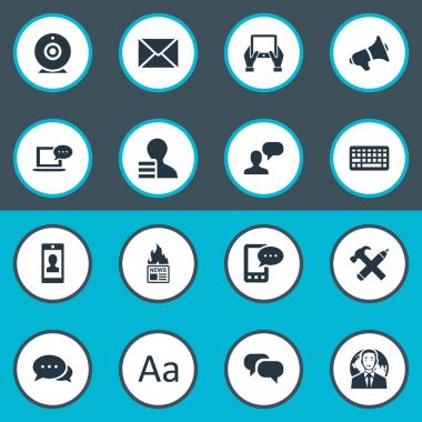 Vektör çizim basit bloglama simgeler kümesi. Öğeleri çengel, bağımsız değişken, E-mektup ve diğer eş anlamlı Laptop, Küre ve adam.