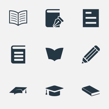 Vektör çizim basit kitap simgeler kümesi. Öğeleri okuma, akademik Cap, defter ve diğer eş anlamlı Ansiklopedisi, kalem ve ders kitabı.
