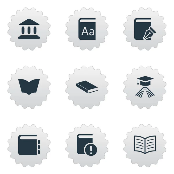 Vector illustratie Set van eenvoudige kennis iconen. Elementen alfabet, Journal, laptop en andere academische synoniemen, Kladblok en boek. — Stockvector
