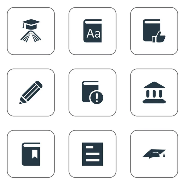 Vector illustratie Set van eenvoudige lezing iconen. Elementen Boek Cover, academische Cap, Tasklist en andere synoniemen bladwijzer, alfabet en Academie. — Stockvector