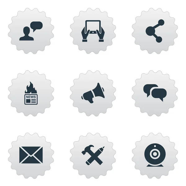 Vector illustratie Set van eenvoudige Blogging iconen. Elementen reparatie, Man overweegt, Post en andere synoniemen debatteren, overwegen en delen. — Stockvector
