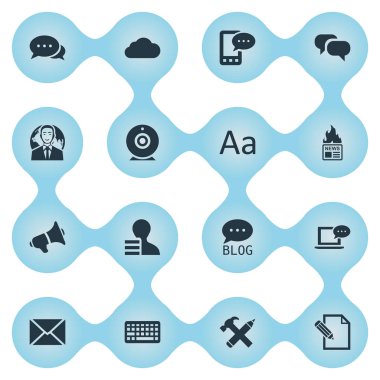 Vektör çizim basit gazete simgeler kümesi. Öğeleri tuş takımı, bağımsız değişken, dizüstü bilgisayar ve diğer eş anlamlı konuşma, kalem ve tipografi.