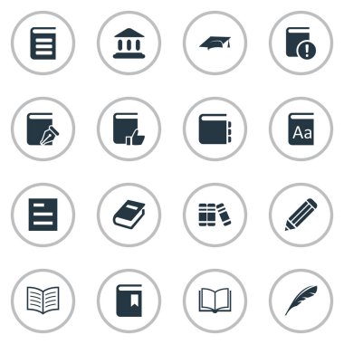 Vektör çizim basit eğitim simgeler kümesi. Öğeleri Tasklist, Bookshelf, önemli okuma ve diğer eş anlamlı Akademi, ansiklopedi ve edebiyat.