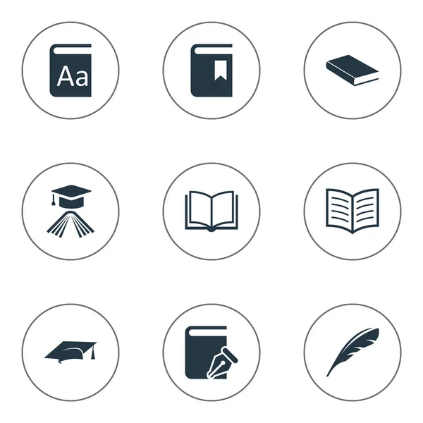 Vector illustratie Set van eenvoudige kennis iconen. Elementen Plume, academische Cap, fotoboekpagina en andere synoniemen afstuderen, Plume en hoed. — Stockvector