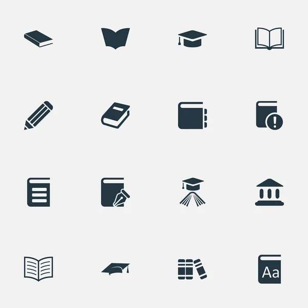 Vector illustratie Set van eenvoudige kennis iconen. Elementen blanco Notebook, alfabet, laptop en andere synoniemen leerboek, encyclopedie en hoed. — Stockvector