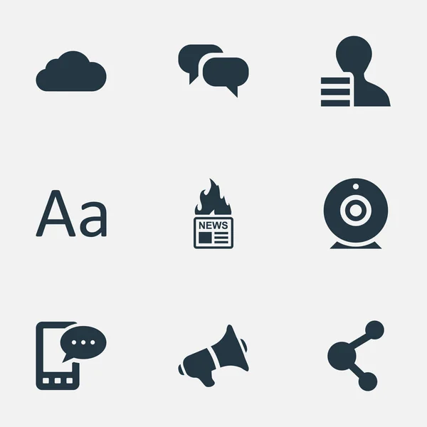 Vector Illustration Set of Simple Blogging Icons. Elementos Chismes, Cedilla, Ganancia y Otros Sinónimos Nublados, Cedilla y Compartir . — Vector de stock