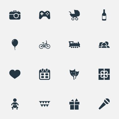 Vektör çizim basit doğum günü simgeler kümesi. Öğeleri bebek arabası, kamera, konuşma ve diğer eş anlamlı aile, çocuk ve Tarih.