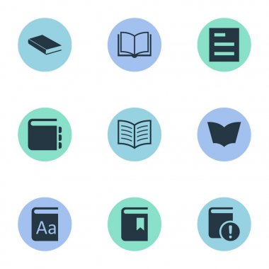 Vektör çizim basit bilgi simgeler kümesi. Kapak, defter, kitap sayfası öğeleri kitap ve diğer eş katalog, önemli ve belgeleme.