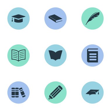 Vektör çizim basit eğitim simgeler kümesi. Öğeleri kalem, akademik Cap, kitap sayfası ve diğer eş anlamlı defter, şapka ve sayfa.