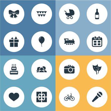 Vektör çizim basit tatil simgeler kümesi. Öğeleri Yurtiçi, bebek arabası, konuşma ve diğer eş anlamlı lokomotif, tiyatro ve duygular.