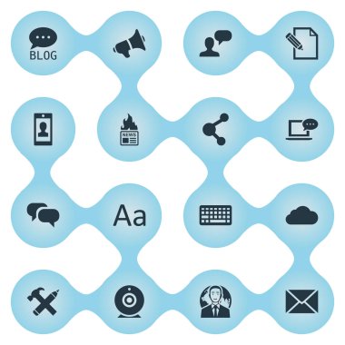 Vektör çizim basit bloglama simgeler kümesi. Öğeleri dedikodu, dizüstü bilgisayar, profil ve diğer eş anlamlı ilişki mesaj ve bulut.