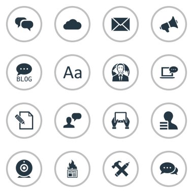 Vektör çizim basit gazete simgeler kümesi. Öğeleri uluslararası işadamı, hoparlör, onarım ve diğer eş anlamlı Hammer, gökyüzü ve Blog.