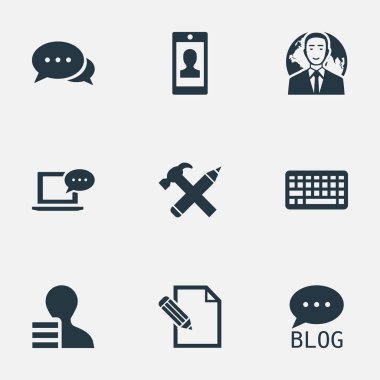 Vektör çizim basit gazete simgeler kümesi. Öğeleri tamir, profil, kazanç ve diğer eş anlamlı Laptop, mesaj ve onarma.