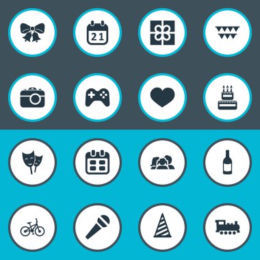 Vektör çizim basit kutlama simgeler kümesi. Öğeleri Yurtiçi, Bisiklet, kutu ve diğer eş anlamlı parti süslemeleri ve ruh.