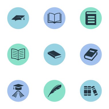 Vektör çizim basit okuma simgeler kümesi. Öğeleri Plume, kitap sayfa, mezuniyet şapka ve diğer eş anlamlı Akademik Sözlük ve Ansiklopedisi.