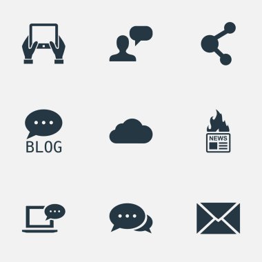 Vektör çizim basit kullanıcı simgeler kümesi. Öğeleri gazete, yazı, dizüstü bilgisayar ve diğer eş anlamlı Tablet, Forum ve bulutlu.