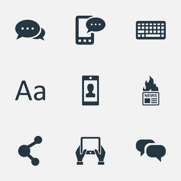 Vector illustratie Set van eenvoudige krant iconen. Profiel van de elementen, aandeel, Kladblok en andere synoniemen Gossip, Tablet en E-brief. — Stockvector