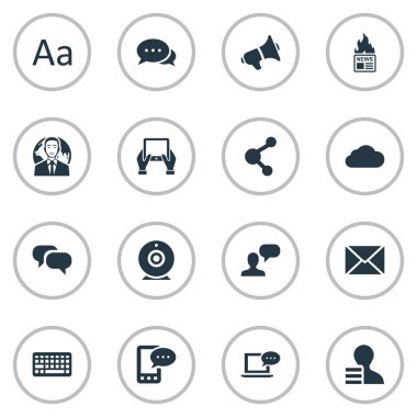 Vektör çizim basit gazete simgeler kümesi. Öğeleri bağımsız değişkeni, uluslararası iş adamı, yayın ve diğer eş anlamlı Laptop, gazete ve mesaj.