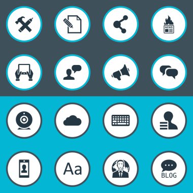 Vektör çizim basit gazete simgeler kümesi. Öğeleri adam dikkate alınarak, kazanç, Site ve diğer eş yayını, Küre ve tipografi.