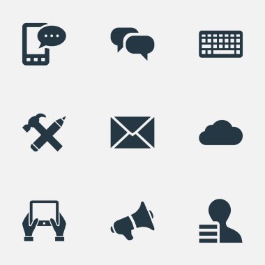 Vektör çizim basit kullanıcı simgeler kümesi. Öğeleri tamir, yazı, bulutlu ve diğer eş anlamlı hoparlör, klavye ve Tablet.