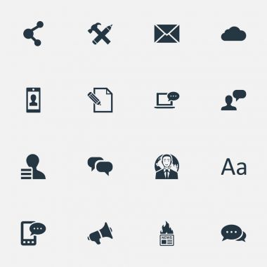 Vektör çizim basit kullanıcı simgeler kümesi. Öğeleri Post, paylaşım, gazete ve diğer eş anlamlı tipografi, dedikodu ve telefon.