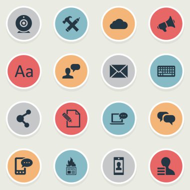 Vektör çizim basit bloglama simgeler kümesi. Öğeleri dedikodu, paylaşmak, göz önüne alındığında ve diğer eş anlamlı adam sonrası, yayın ve mesaj.