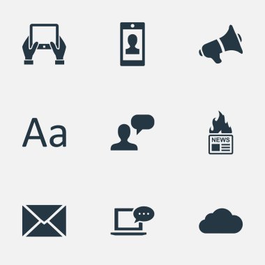 Vektör çizim basit bloglama simgeler kümesi. Öğeleri Laptop, adam dikkate alınarak, profil ve diğer eş anlamlı gazete, profil ve hoparlör.