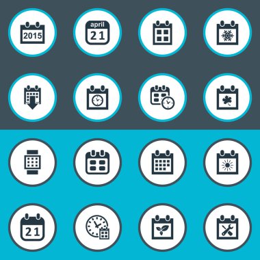 Vektör çizim basit zaman simgeler kümesi. Öğeleri olay, anma, akıllı saat ve diğer eş anlamlı yaprak, kar tanesi ve gün.