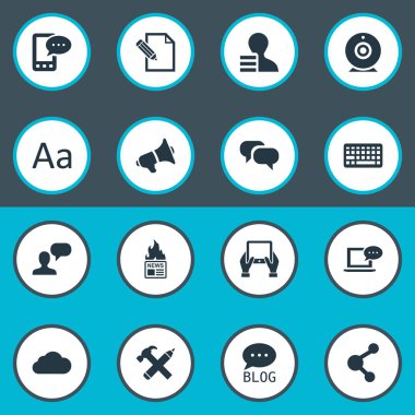 Vektör çizim basit bloglama simgeler kümesi. Öğeleri not defteri, sitesi, belge ve diğer eş yayını, kazanç ve dedikodu.