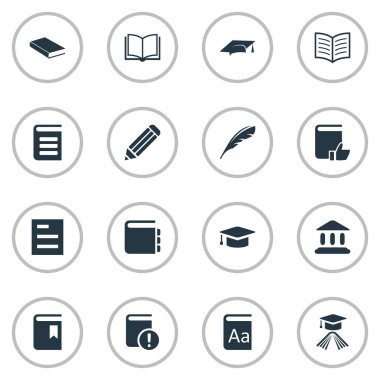 Vektör çizim basit eğitim simgeler kümesi. Öğeleri Plume, kalem, Kütüphane ve diğer eş anlamlı kitap, not defteri ve tüy.