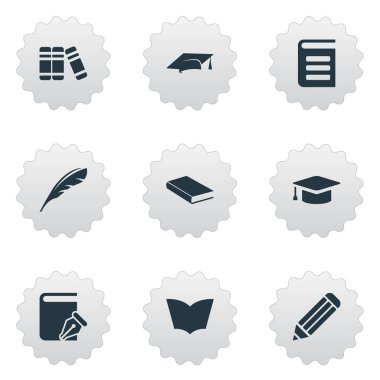 Vektör çizim basit okuma simgeler kümesi. Öğeleri ansiklopedi, akademik Cap, Sketchbook ve diğer eş anlamlı Cap Sketchbook ve Bookshelf.