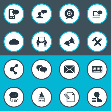 Vektör çizim basit kullanıcı simgeler kümesi. Öğeleri E-mektup, hoparlör, belge ve diğer eş anlamlı konuşma, haber ve sözleşme.