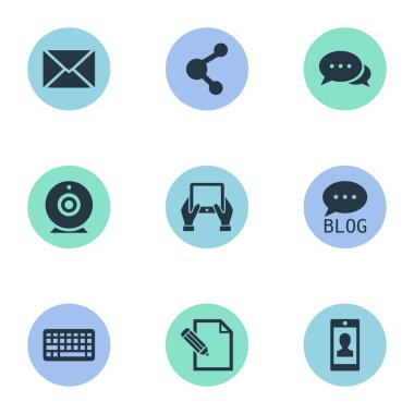 Vektör çizim basit kullanıcı simgeler kümesi. Öğeleri belge, yayın, yazı ve diğer eş anlamlı Blog kalem ve dizüstü.