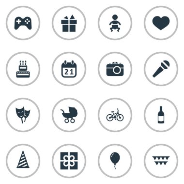 Vektör çizim basit doğum günü simgeler kümesi. Öğeleri şekerlemeler, maske, kap ve diğer eş anlamlı balon, bayrak ve konuşma.