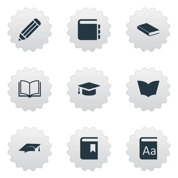 Vector illustratie Set van eenvoudige kennis iconen. Elementen alfabet, lezing, laptop en andere synoniemen woordenboek, Blank en leerboek. — Stockvector