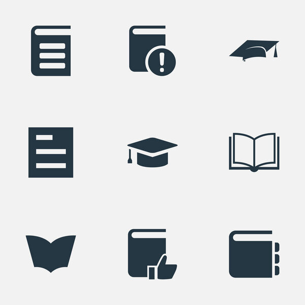 Vector Illustration Set Of Simple Education Icons. Elements Blank Notebook, Reading, Academic Cap And Other Synonyms Important, List And Reading.
