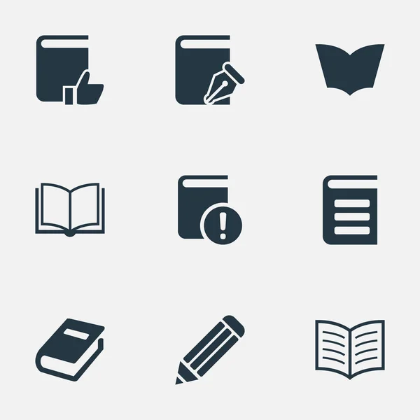 Vector illustratie Set van eenvoudige boeken iconen. Andere synoniemen, elementen Pen, belangrijke lezing en boekenpagina schrijven, leerboek en pagina. — Stockvector