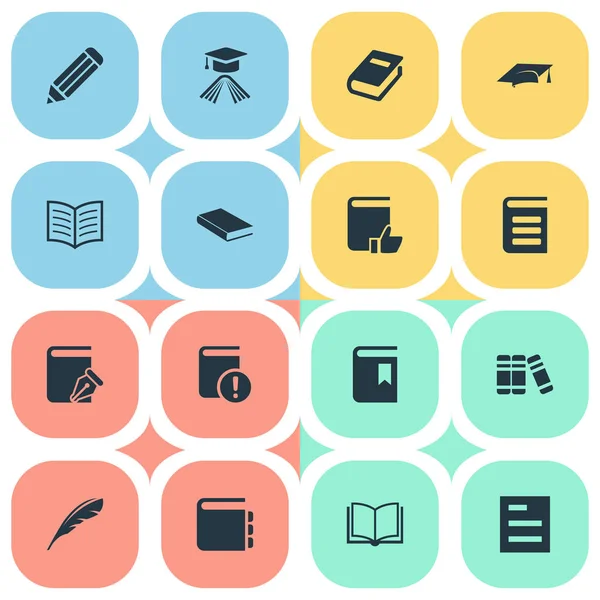 Ilustración vectorial Conjunto de iconos de conocimiento simple. Lista de tareas de los elementos, sombrero de graduación, lectura importante y otros sinónimos Sketchbook, tapa y nota . — Vector de stock