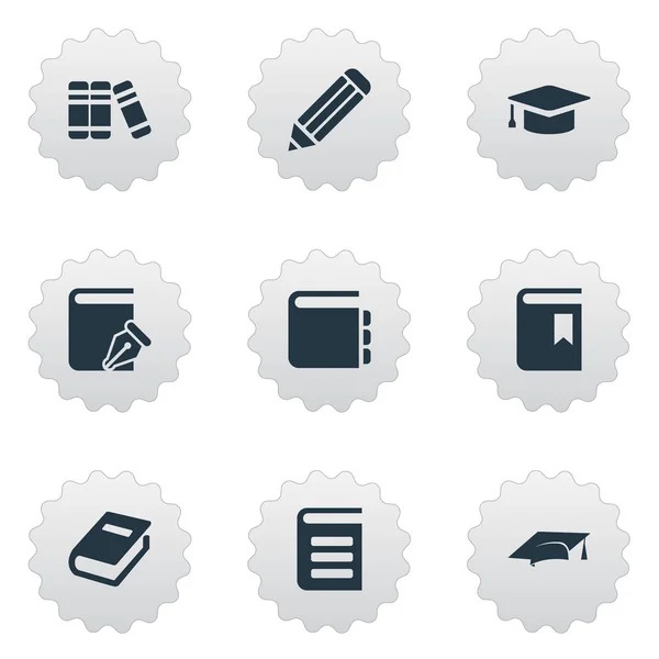 Vector illustratie Set van eenvoudige boeken iconen. Elementen Sketchbook, Notebook, Pen en andere synoniemen afstuderen, Bookmark en Pen. — Stockvector