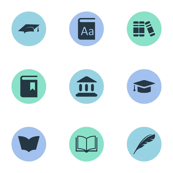 Vector illustratie Set van eenvoudige kennis iconen. Elementen Plume, boekomslag, academische Cap synoniemen gebouw, School en andere Cap. — Stockvector