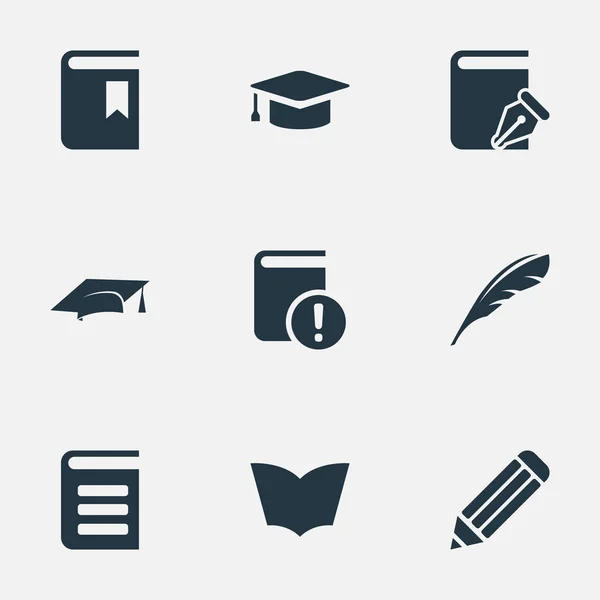 Vector illustratie Set van eenvoudige kennis iconen. Elementen academische Cap, lezing, academische GLB en andere synoniemen leerboek, pagina en potlood. — Stockvector