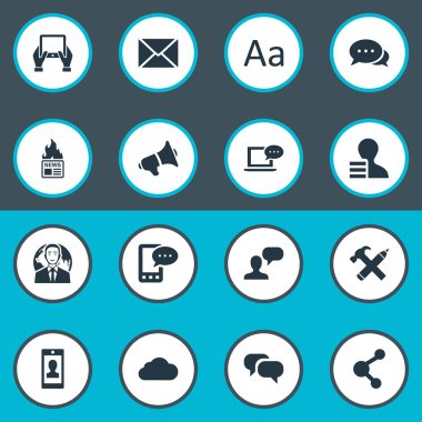 Vektör çizim basit gazete simgeler kümesi. Öğeleri dizüstü bilgisayar, not defteri, paylaşım ve diğer eş onarmak, Tablet ve kar.