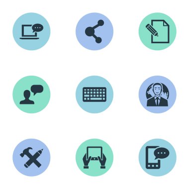 Vektör çizim basit kullanıcı simgeler kümesi. Öğeleri tuş takımı, tamir, belge ve diğer eş anlamlı tartışma tuş takımı ve kalem.